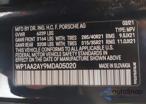 2021 Porsche Cayenne z USA, uszkodzony, nr VIN WP1AA2AY9MDA05020